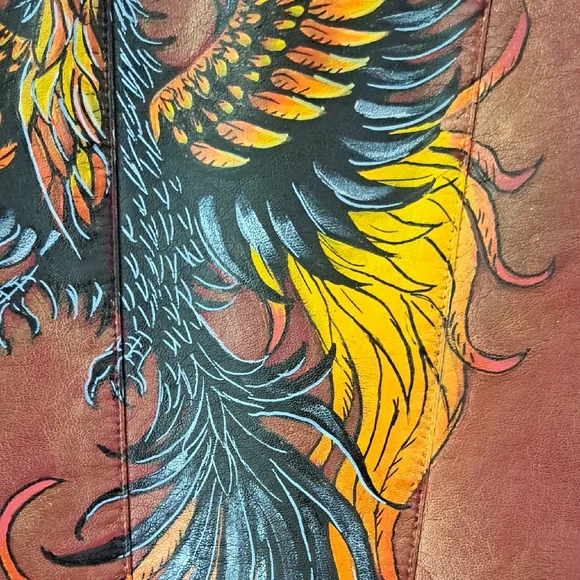 Hand Painted Faux Leather Jacket with Phoenix Art Size Large - Picture 6 of 17